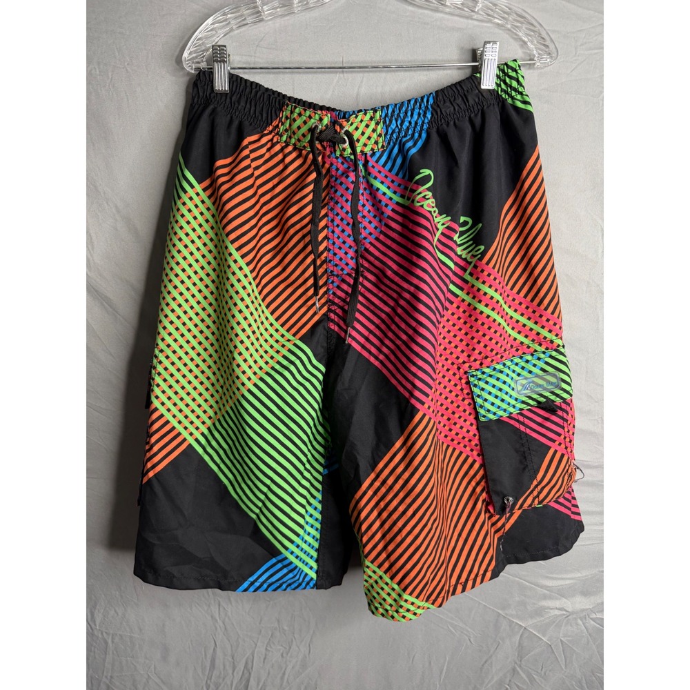 Ocean Blue Mens XXL Board Shorts Neon Geometric Striped Swim Trunks Cargo Pocket